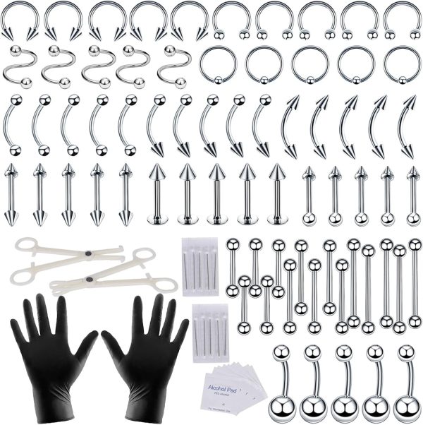 94PCS Septum Piercing Kit for All Body, Belly Button Piercing Kit with Piercing Jewelry Clamps Tools and Piercing Needles(14G 16G) for Nose Septum Studs Tongue Earrings Lip Rings