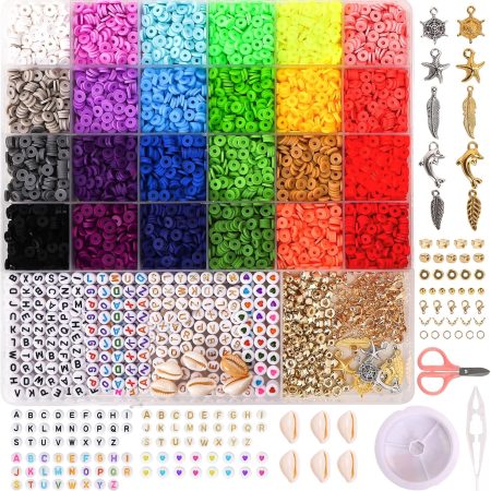 6500Pcs Clay Beads 24 Colors Polymer Heishi Beads for Jewelry Making, Flat Preppy Beads for Friendship Bracelets Making Kit with Charms and Elastic Strings