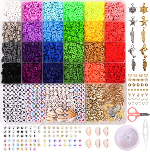 6500Pcs Clay Beads 24 Colors Polymer Heishi Beads for Jewelry Making, Flat Preppy Beads for Friendship Bracelets Making Kit with Charms and Elastic Strings