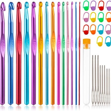 37 PCS Crochet Hooks Set, High Quality Coloured Aluminum Ergonomic Handle Crochet, Hook Needles for Arthritic Hands, with Stitch Markers and Large-Eye Blunt Needles