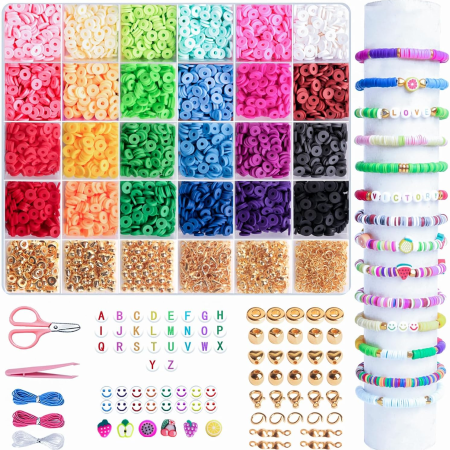 6000PCS Clay Beads Friendship Bracelet Making Kit - DIY Polymer Beads 24 Colors Set with Charms, Elastic Strings& Accessories- Creative Craft Jewelry Making Kit for Adult